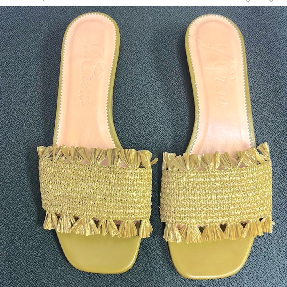 J. Crew-Lina Sandals with raffia fringe, olive green- Size 9